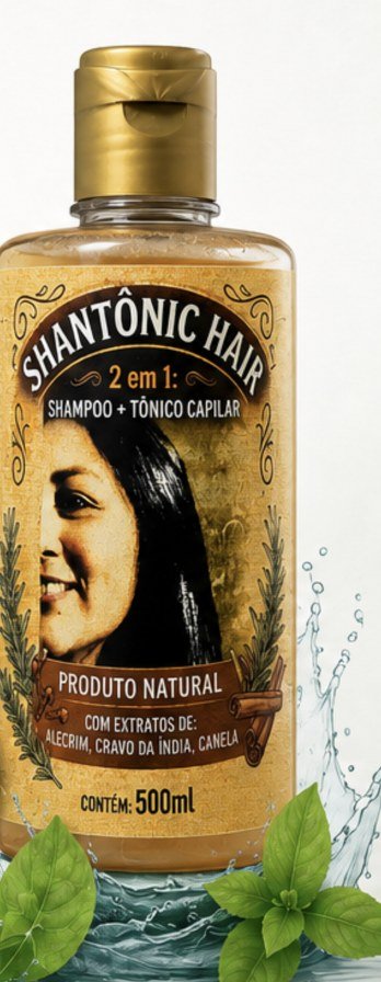 Frasco de Shantônic Hair 2 em 1, shampoo e tônico capilar de 500 ml, com tampa dourada e rótulo com alecrim, cravo e canela